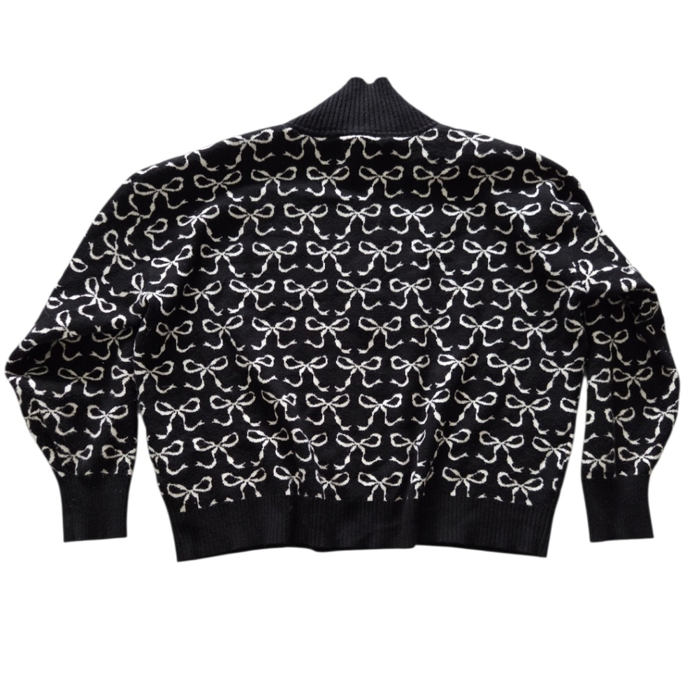 Maeve Anthropologie The Montana Mock-Neck Half-Zip Sweater‎ Black Bow Print Sz M - Picture 3 of 11